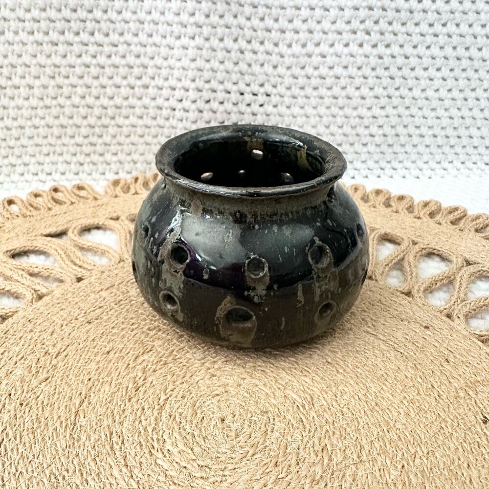 Signed Quebec Ceramic Glaze Pottery Candle Holder Luminary Cut Out Curved Lip